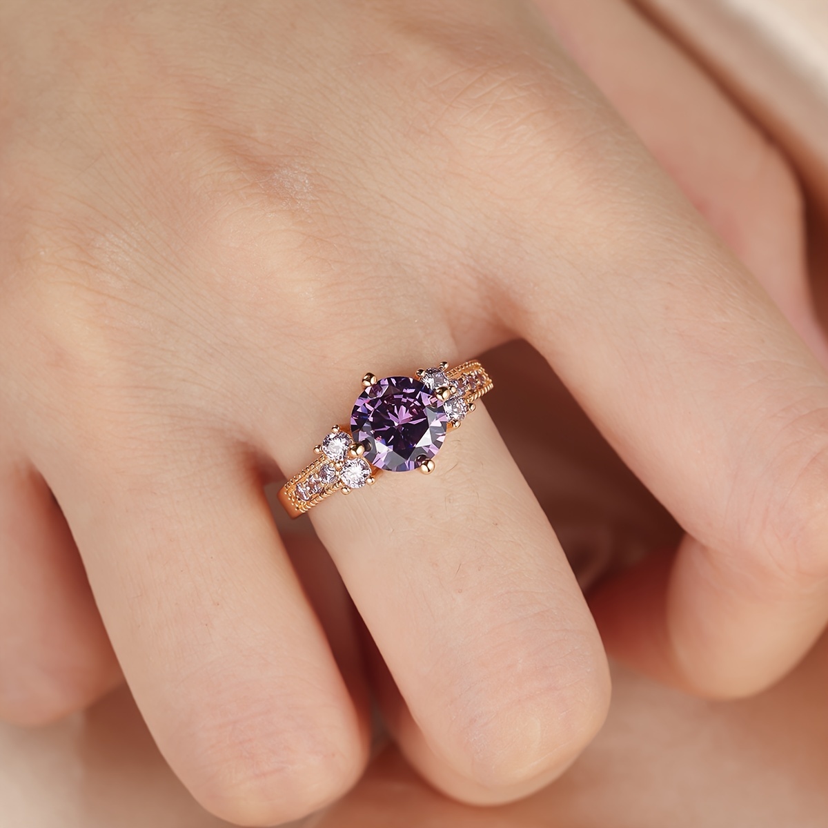 Boho Engagement Ring Yellow Tone with Round Purple Zirconia
