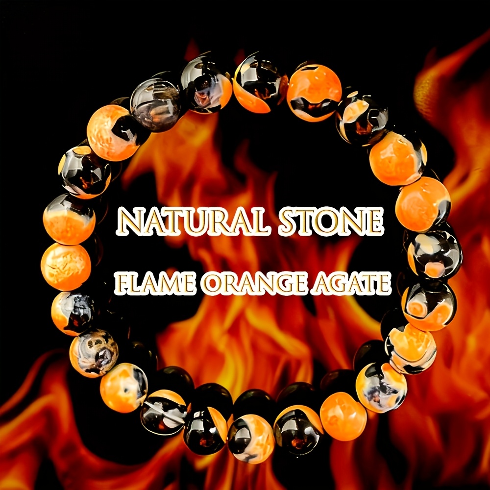 Image of 1pc Natural Flame Agate Bracelet - Bohemian Marble Pattern Beads, Handmade Elastic Stretch Cord, Smooth Jewelry, Unisex, Suitable For Daily Wear, Meditation, Spiritual Gift. Marble Texture