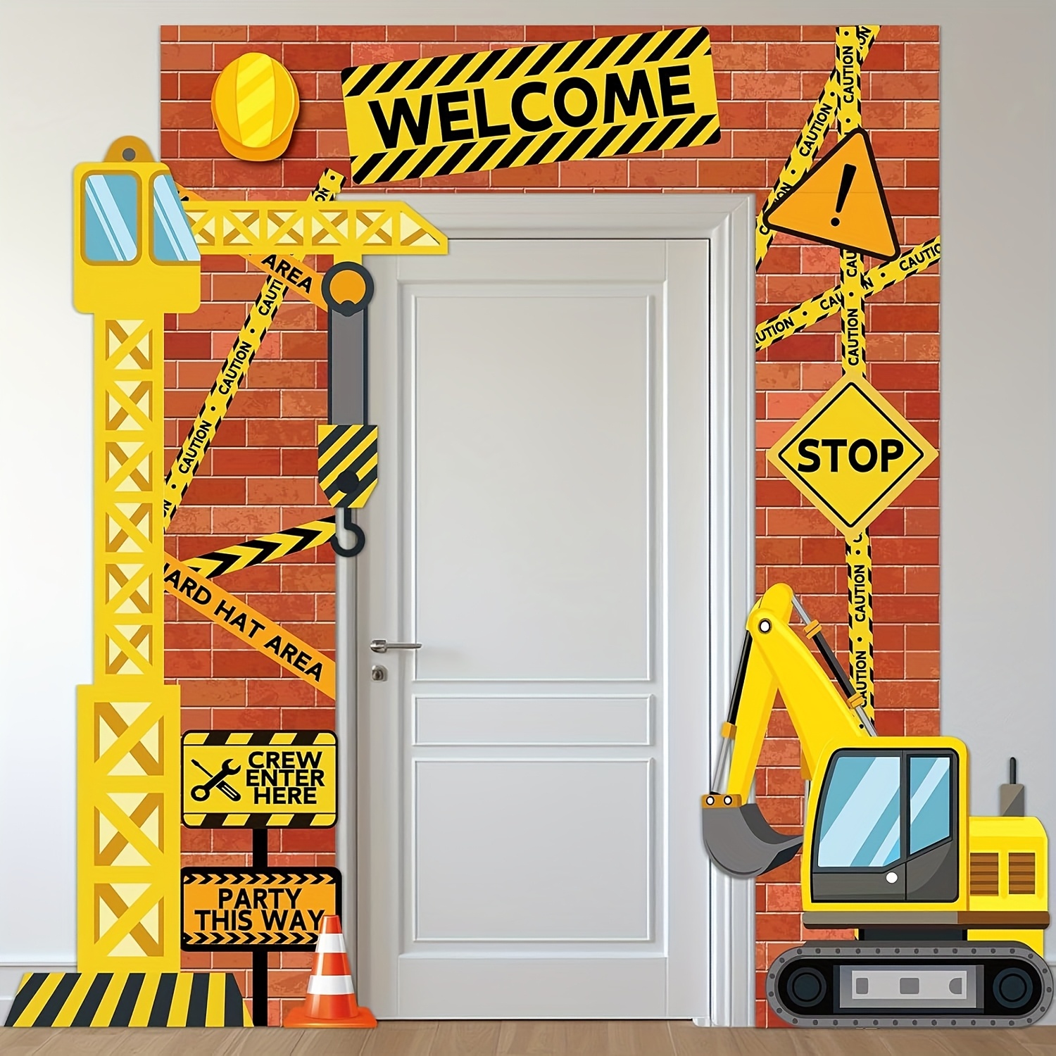 Image of Banner For A Construction-themed Party Featuring A Porch Sign, Backdrop, And Decorations With Yellow Excavators And Trucks For Birthday Photo