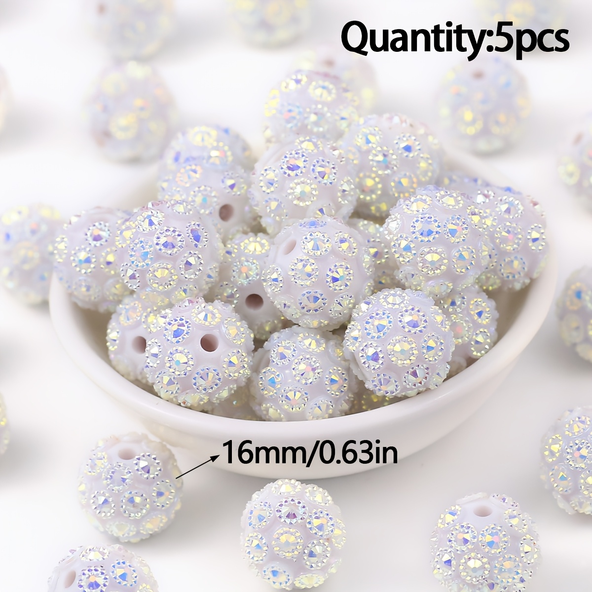 TEMU 5/15pcs Perles à trou central AB iridescentes blanches de 16 mm, perles à trou moyen, assortiments de perles et de matériel d'accessoires main