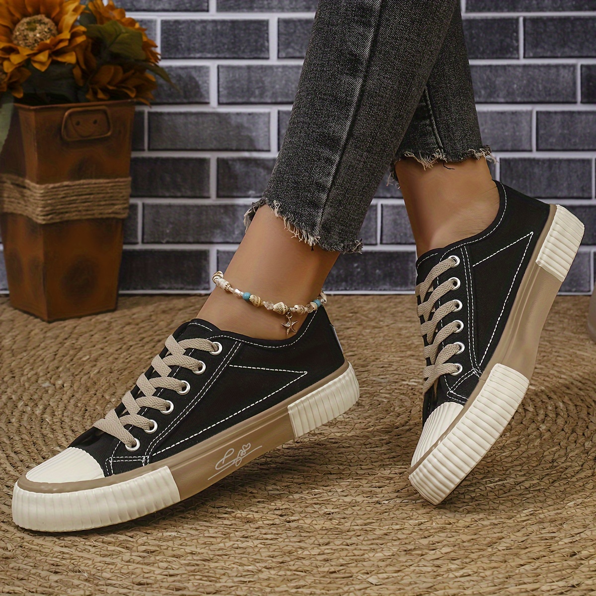 Round toe canvas sneakers online