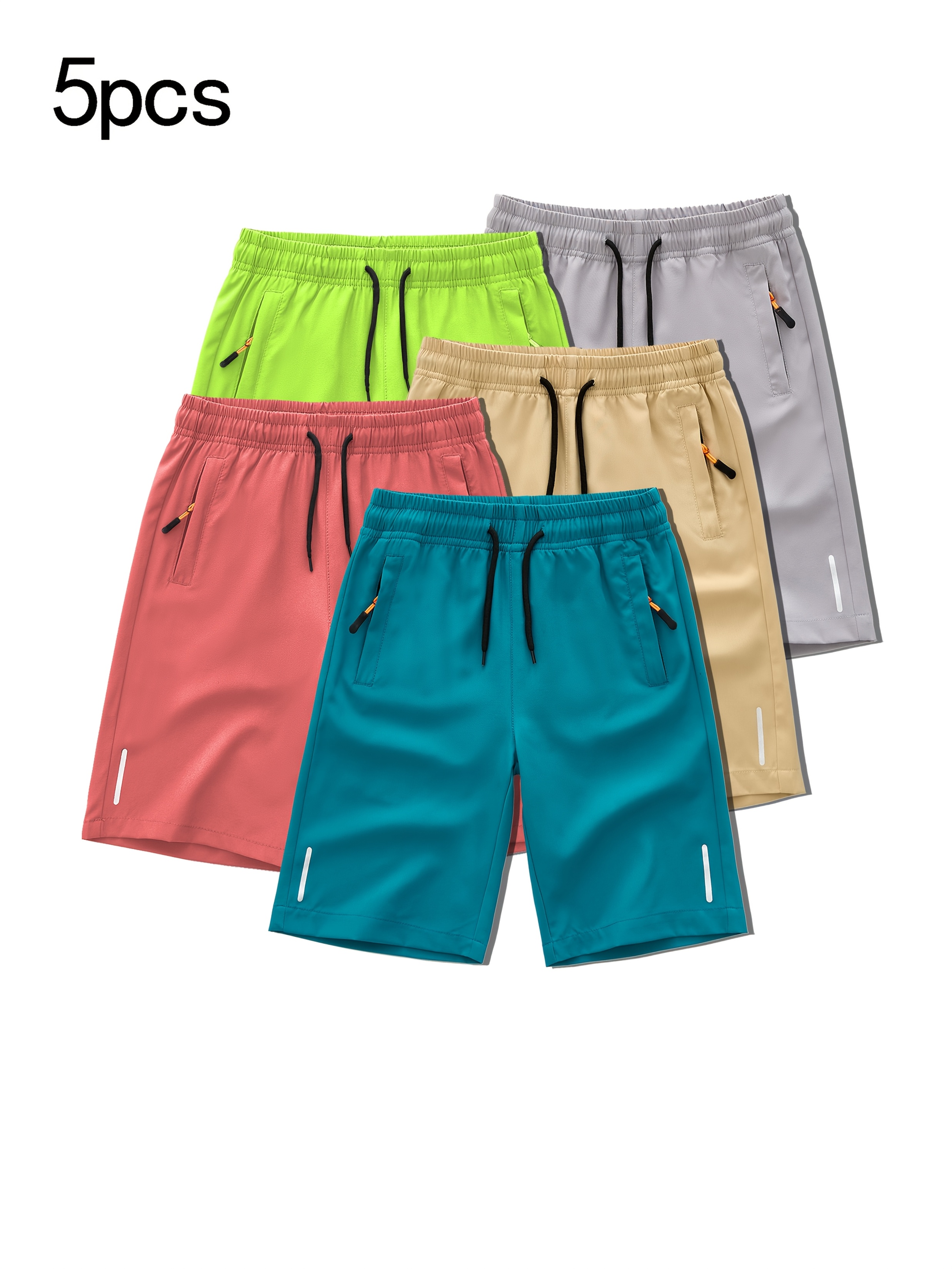 5pcs Set of Trendy Summer Shorts for Boys with Breathable Fabric, Drawstring, And Zip Pockets, for Outdoor
