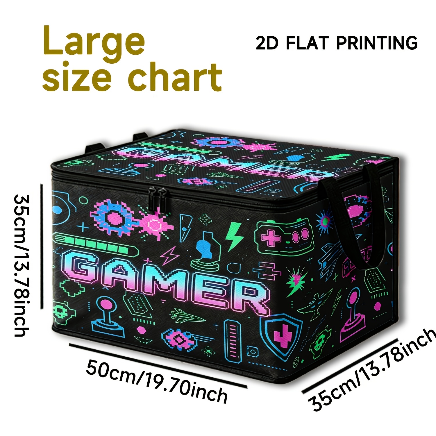 TEMU 1pc Neon Pixel Gamer Printed Large Capacity Soft Fabric Storage Box, Full Print Design With Gaming Elements, Trendy Cool Esports Style. Features