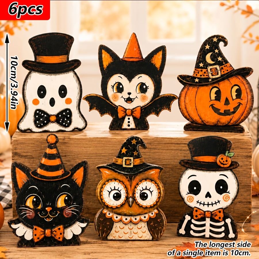 6pcs fun halloween wooden building blocks retro halloween desktop signboard suitable for   shelf decoration multi layer tray set ideal gift for   during halloween autumn indoor decoration for   style