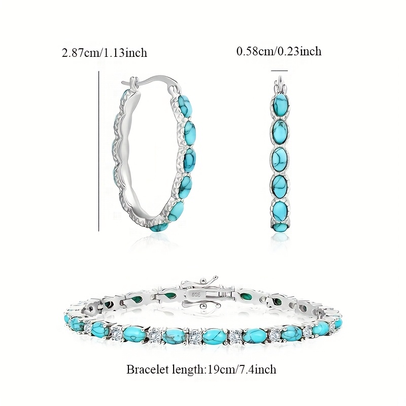 Image of 925 Silver Women's Jewelry Set Female Jewelry Turquoise Bracelet Earrings Two-piece Set Fashionable Elegant Charm Women's Gift Christmas Mother's Day Valentine's Day Gift Date Night With Gift Box