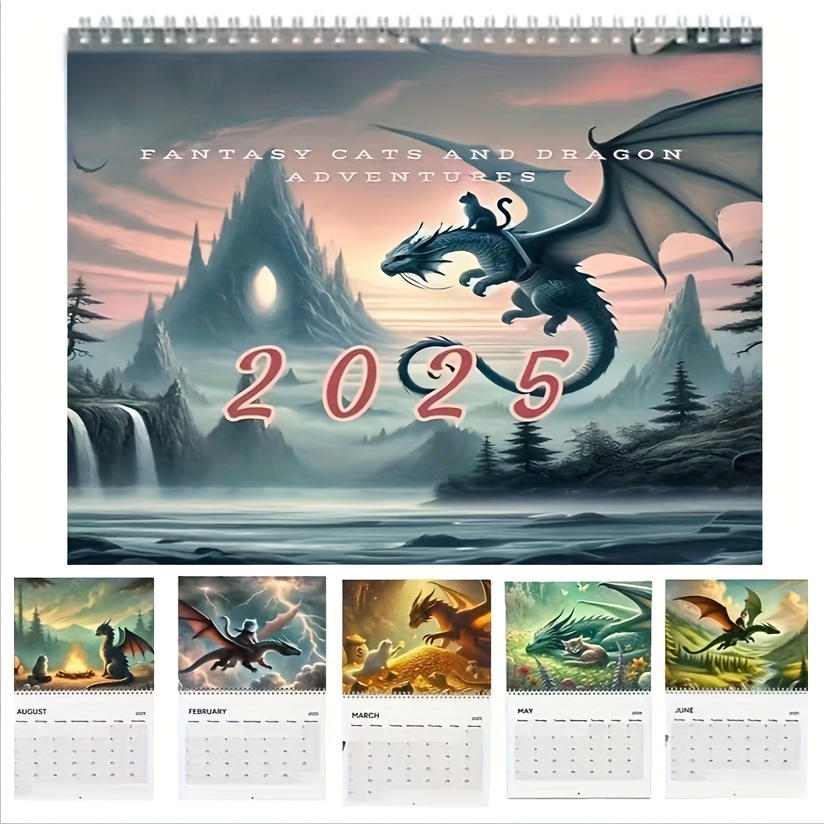 

2025 Cats And Dragon Calendar - 12-month Hanging Wall Calendar With Daily View, Cat And Dragon , Monthly And Weekly Planners, Major Holidays Highlighted