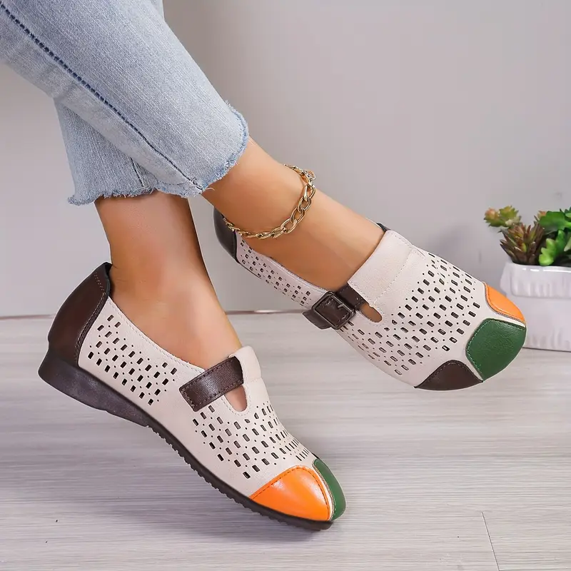 womens colorblock flat shoes casual hollow out design slip on shoes comfortable strap design shoes details 0