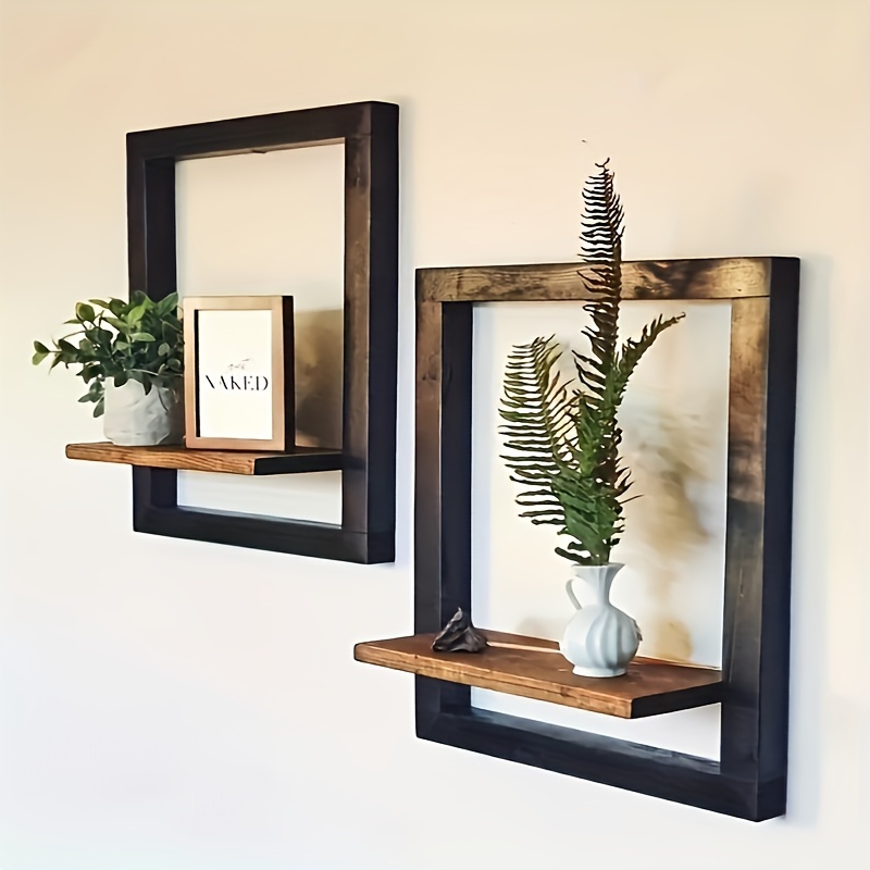 

2pcs Vintage Wooden Wall Shelf Set - Square Display Shelves With Hooks For Photos, Candles, Flowers, Albums, And Potted Plants - Ideal For Living Room And Office Decor - Wall Hanging Mounting