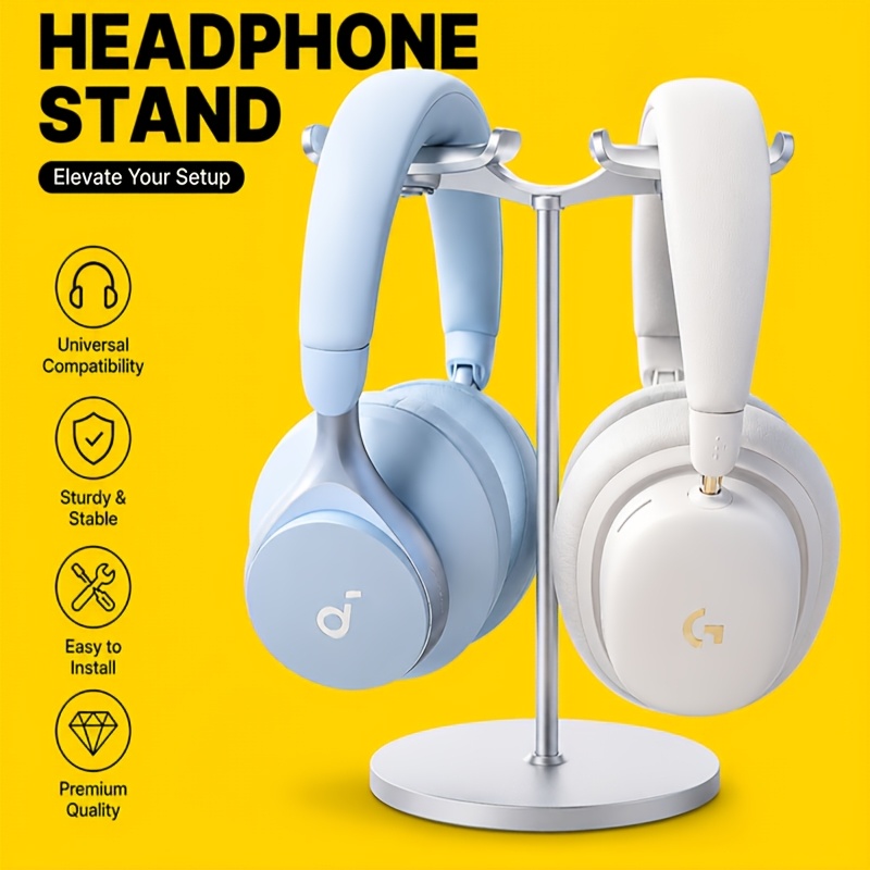 TEMU Support de Casque Double Tête en Métal pour Café Internet, Support de Bureau pour Jeu, Protection Universelle Compatible avec Tous les Casques