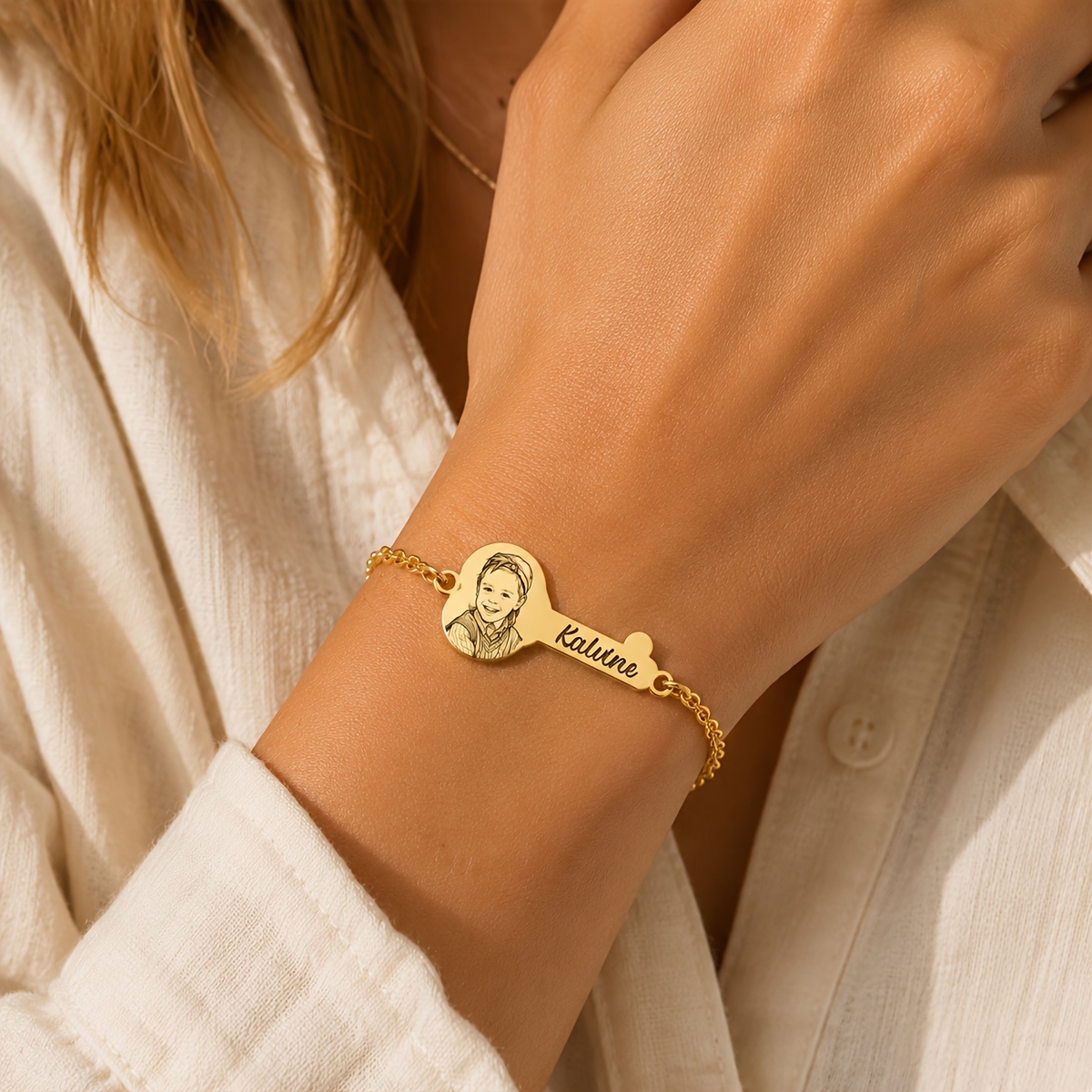Custom Photo Key Shape Bracelet, Engraved Stainless Steel