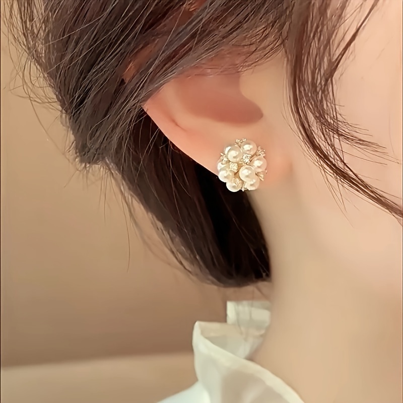 

Elegant French-inspired Faux Pearl & Zirconia Flower Stud Earrings - 925 Silvery Post, Or Parties