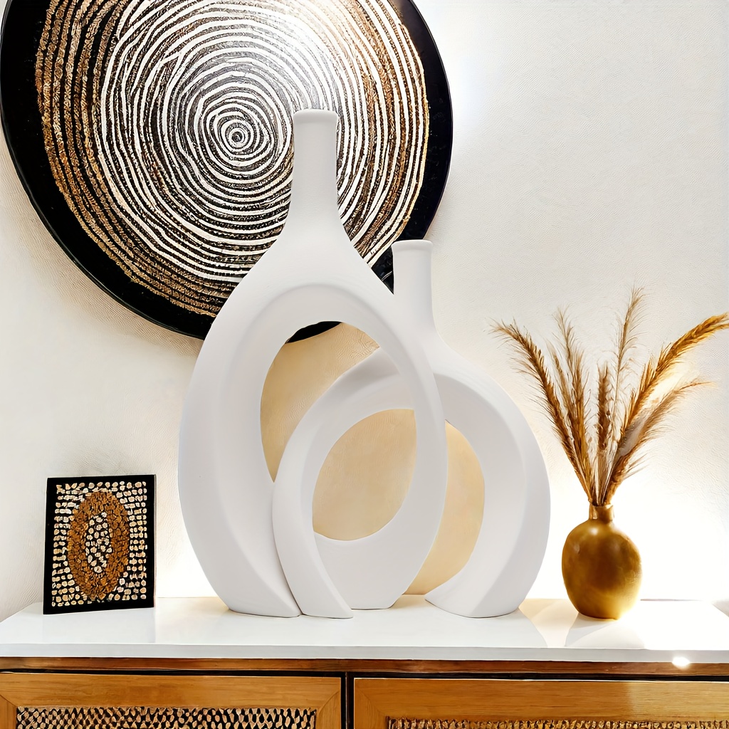 

2pcs/set Hollow Ceramic Vase, Round Modern Vase For Nordic Minimalist Book Style Shelf Decor, Donut Boho Aesthetic Vases For Trendy Home Living Room Entryway Coffee Table Decorative