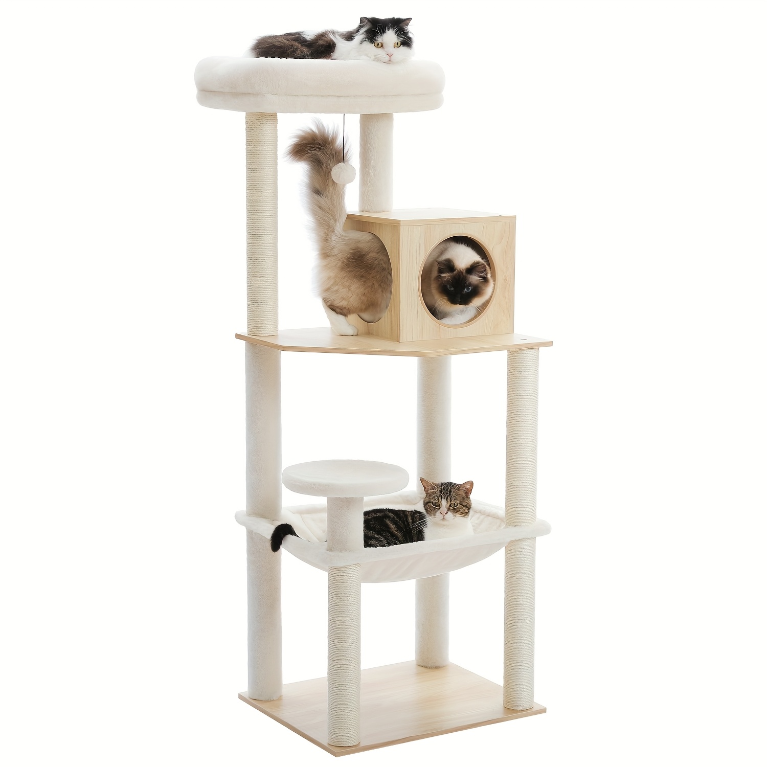 Road 143cm Modern Cat Tree | With Extra-large Hammock & Full-sisal Scratching Column - Sturdy Cat Tower, Beige, Plush Top Perch