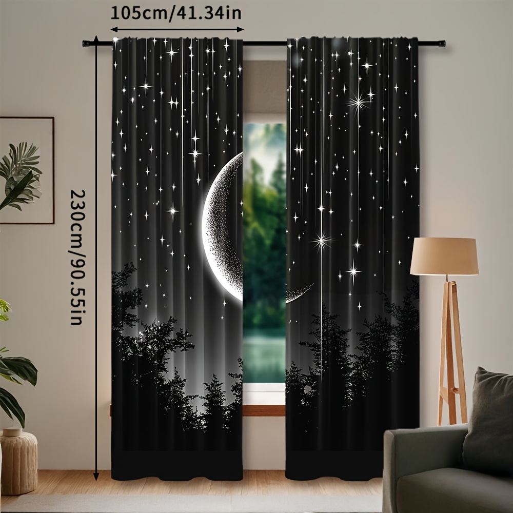 TEMU 2pcs, Starry Night Moon And Forest Print Curtains, Semi-sheer Rod Pocket, Decorative Drapes For All Season Bedroom, Living Room, Office
