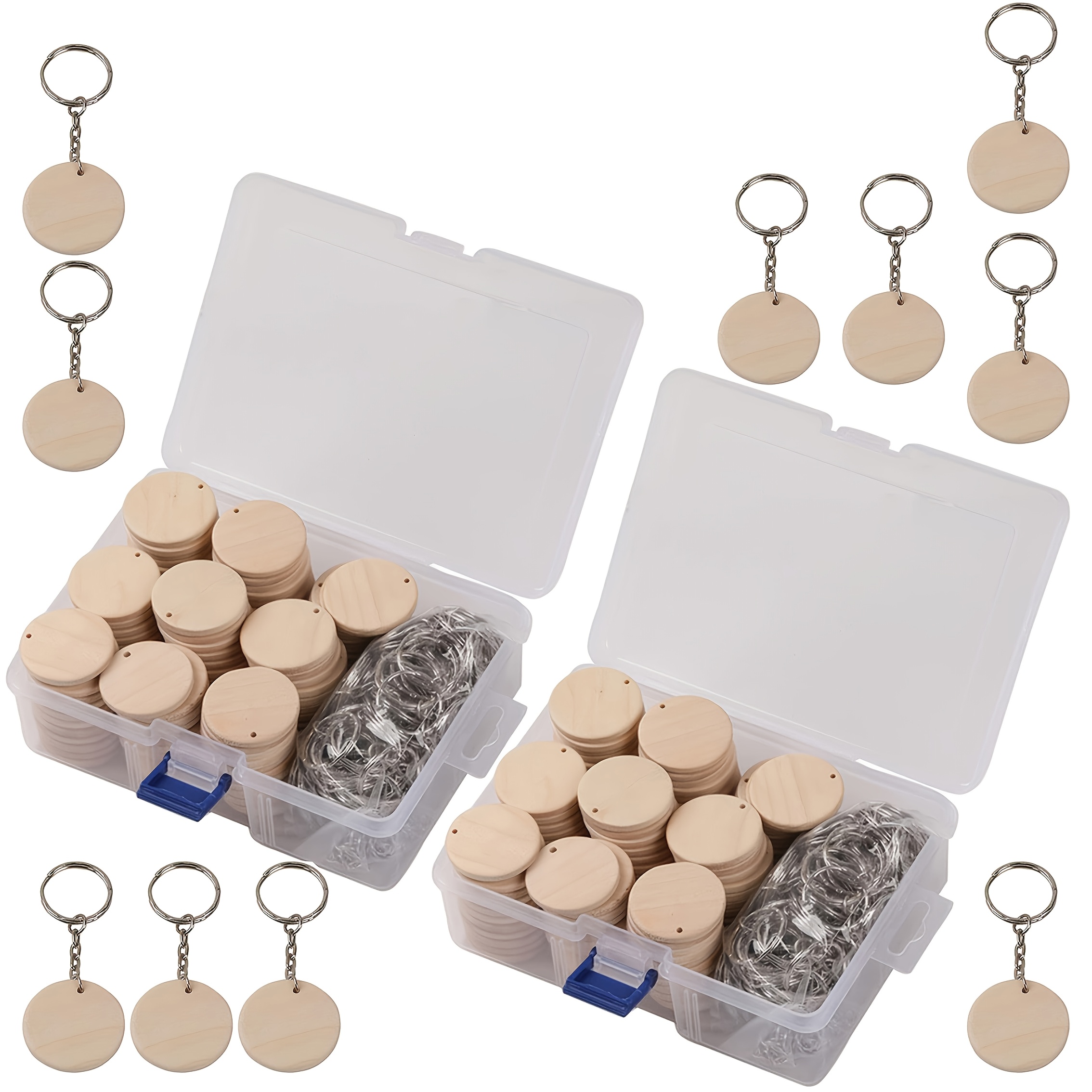 TEMU Dofiki 50/100pcs Wooden Keychain Making Kit, Wooden Pendant Blanks With Key Rings, Suitable For Keychain Making, Painting, Home Decoration,