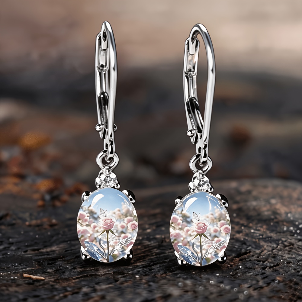 TEMU 2pcs Set Oval Drop Lever Ear Clips Women's Floral Fashion Jewelry Gift Women's Plant-themed Jewelry Hanging Ear Additions Unique Lever Ear , And