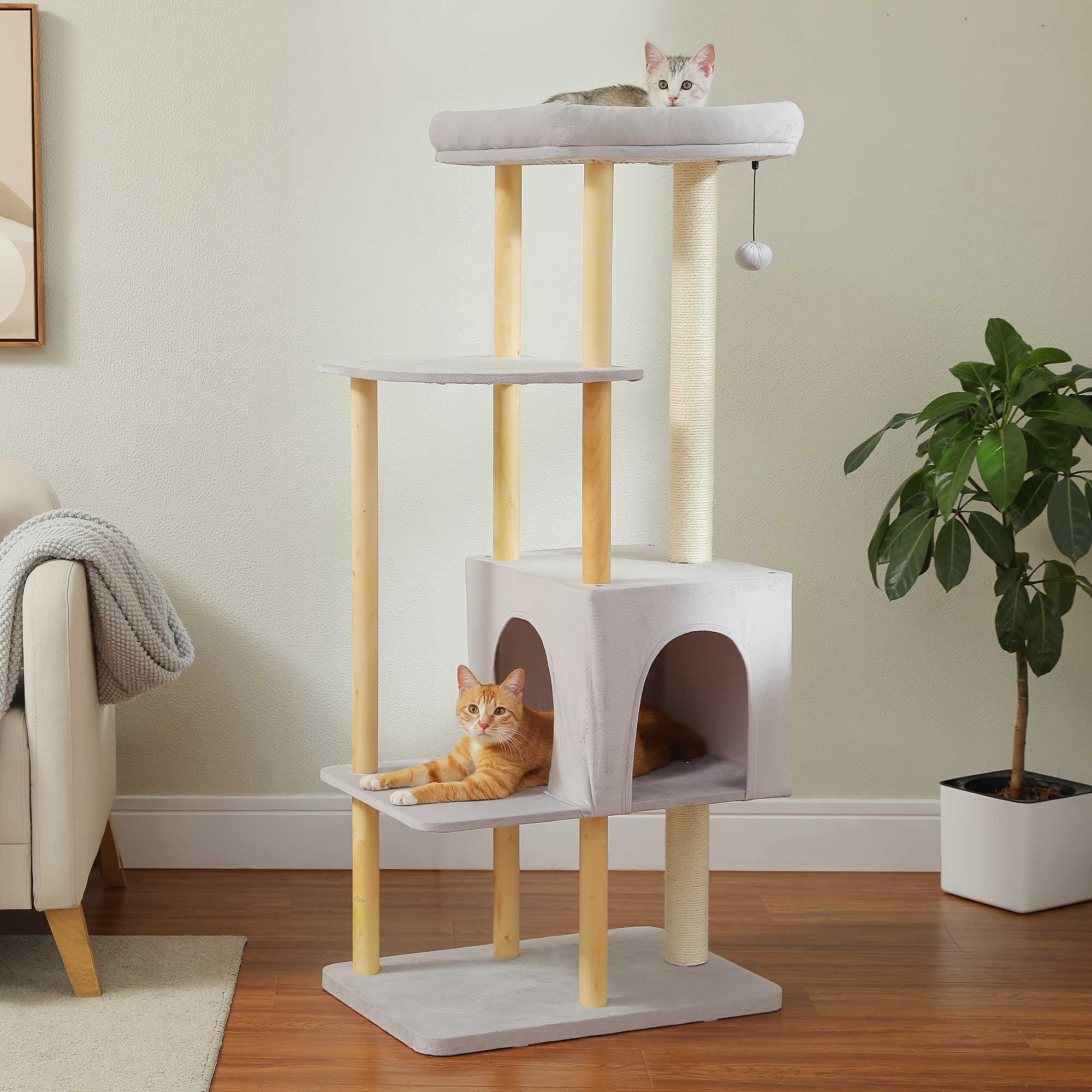 

Large Cat Tree, 53 Inches Modern Wooden Cat Tower For Indoor Cats, Multi-level Cat Condos With Long Scratching Posts And Columns