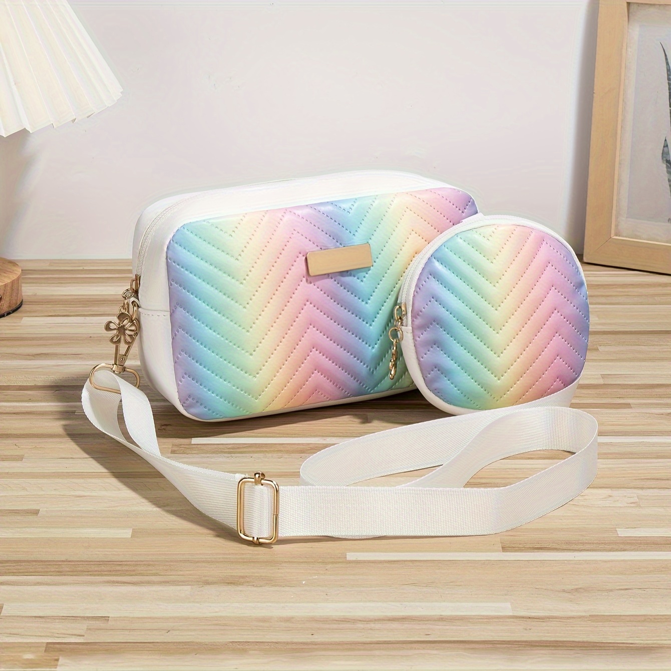 

Guangzhou Production Area, Women' 2pcs Set, Women's Fashion -shaped Wavy Crossbody Bag, Rainbow Pu Shoulder Bag, Little Girl's Colorful Casual Handbag And Wallet