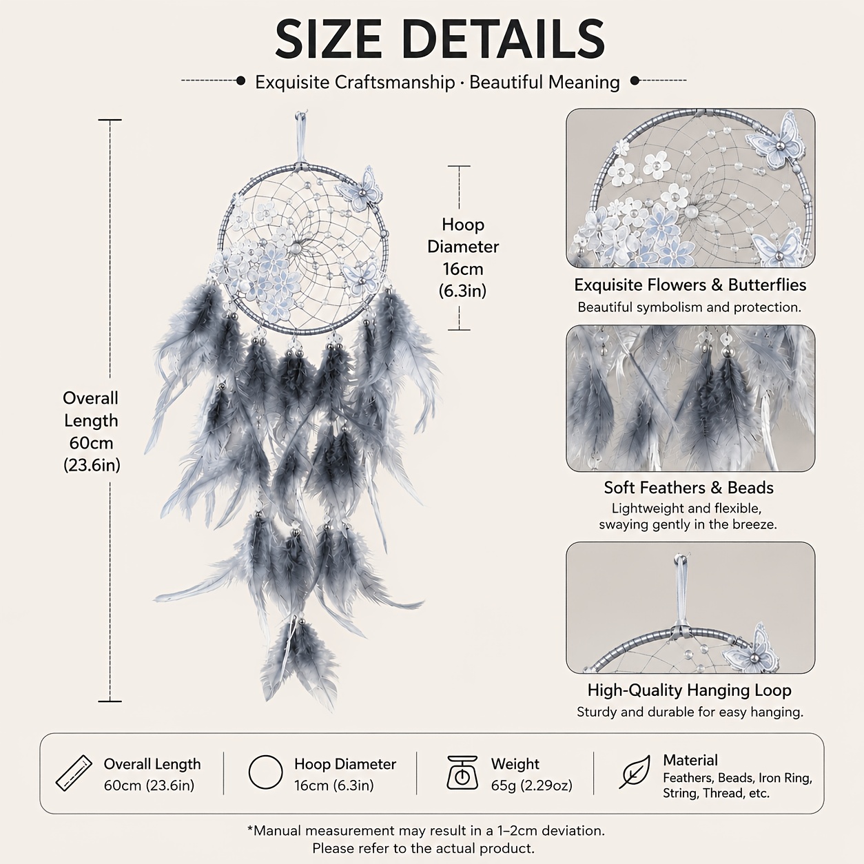 Handmade Silvery Butterfly Floral Grey Gradient Feather Dream Catcher