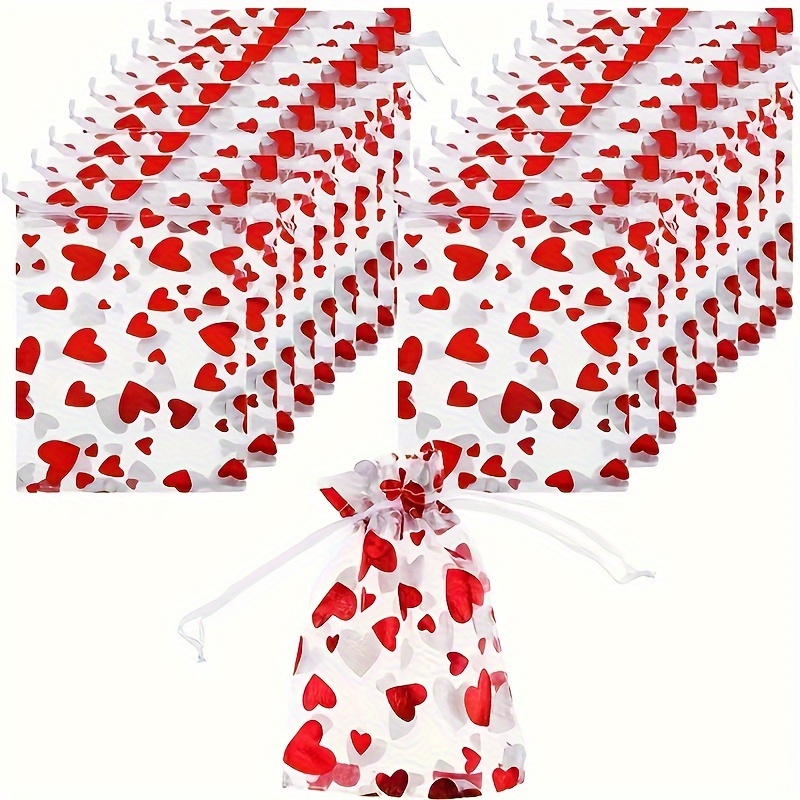 

100pcs Mixed Sizes Christmas Valentine's Day Heart-shaped Organza Bags With Drawstring, Golden Foil Jewelry Pouches, Cosmetic Storage Bags