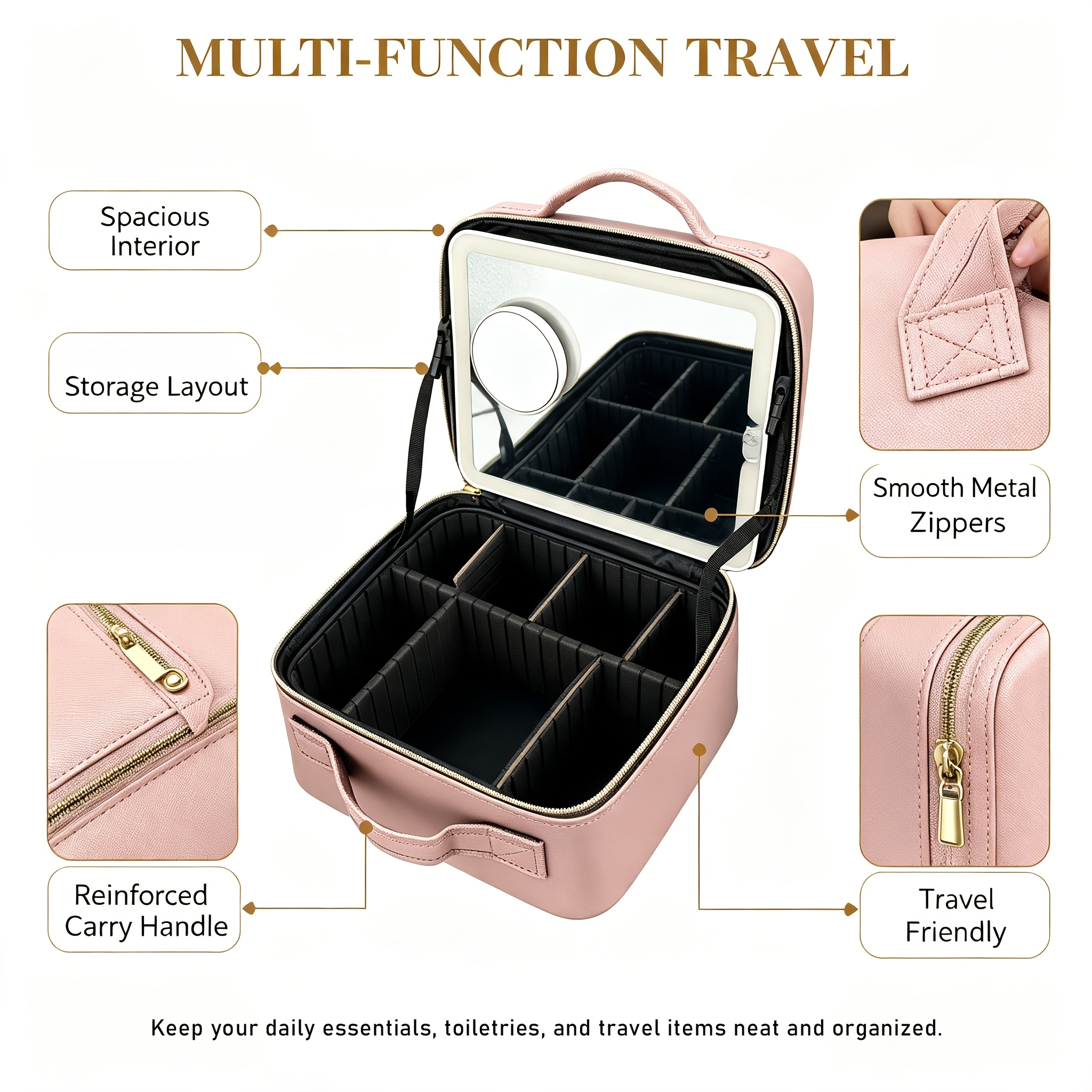 Image of Large Capacity Travel Makeup Bag With Double Mirrors, Detachable Large Mirror + Suction Cup Small Mirror, Adjustable Dividers Storage Box, Customisable Organiser Case, Premium Handheld Toiletry Bag