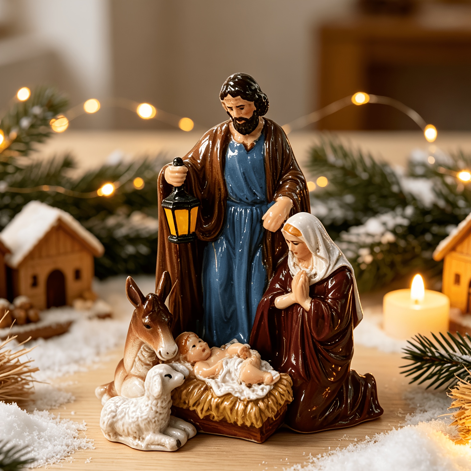 TEMU 1pc Christmas Painted Character Animal Combination Resin Ornament, Versatile Indoor Outdoor Statue, Suitable For Entrance, Bookshelf, Display