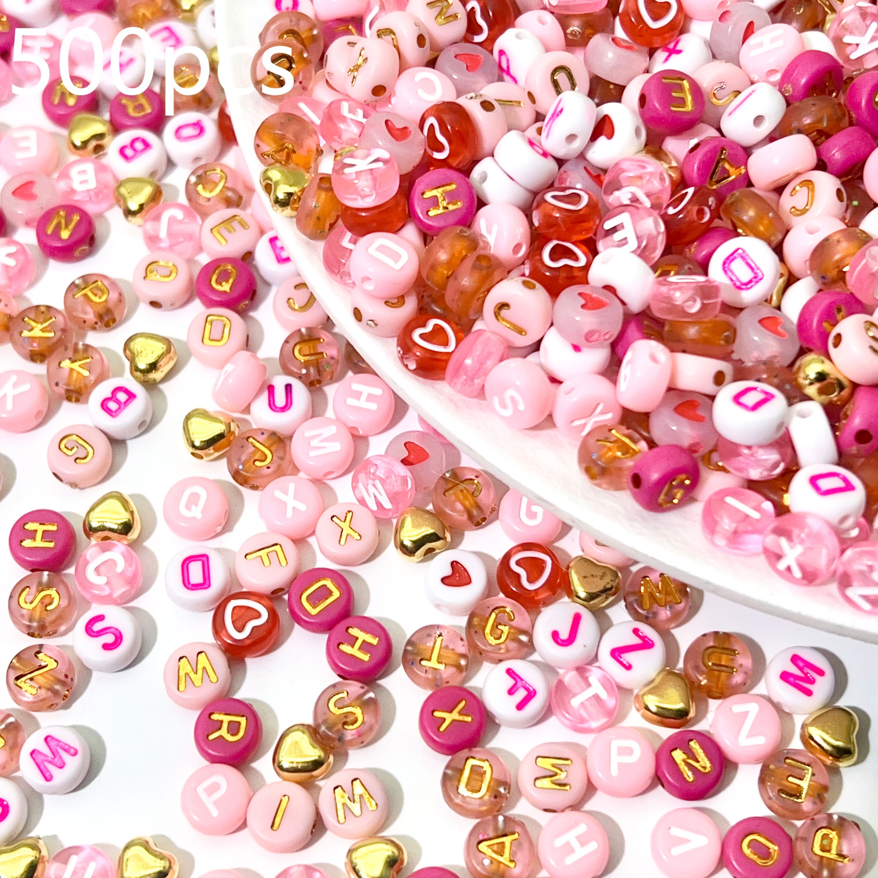 E-shop 500 Stück Hochwertige Rosa Weiße, Goldene Buchstabenperlen und Herzförmige Perlen Gemischte Acrylperlen – Geeignet für Schmuck, Handgefertigtes