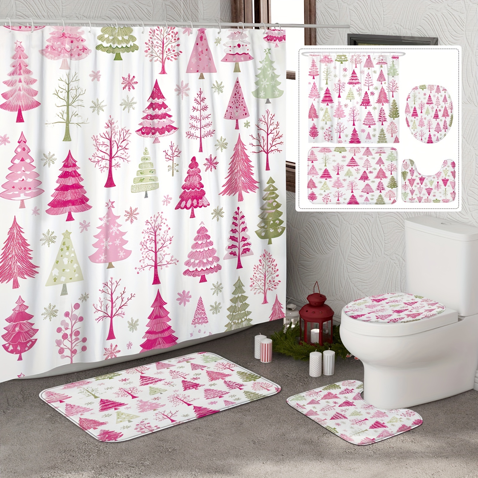 

[open] 1/4pcs Christmas Shower Curtain Set Tree Winter Snowflake Simple Shower Curtain Waterproof Polyester Washable For Bathroom Shower Decor With 12 Hooks Non-slip Bath Mat Toilet Lid Cover Mat