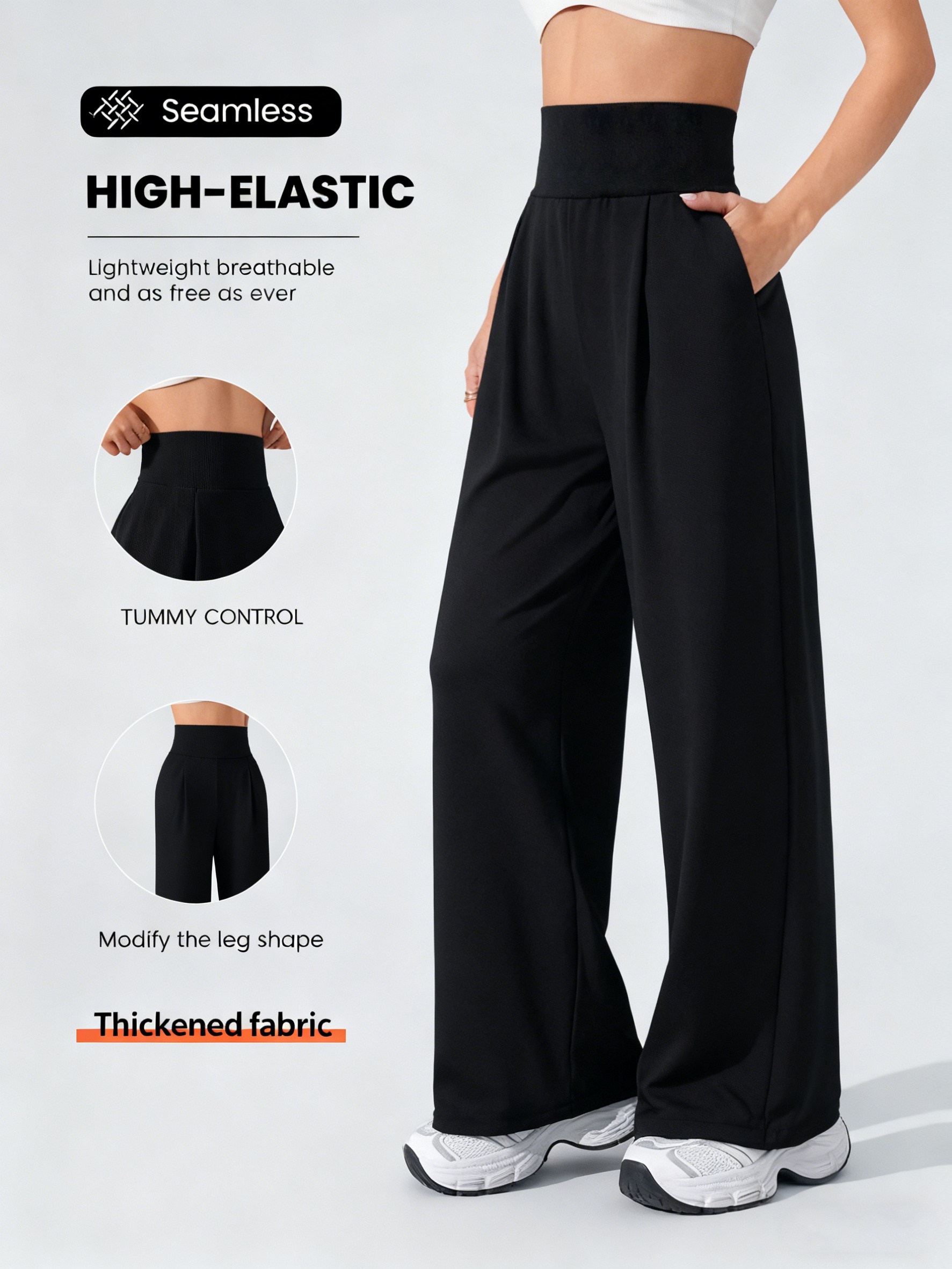womens solid high waist pleated pocket wide leg pants elastic high waist tummy control   wear