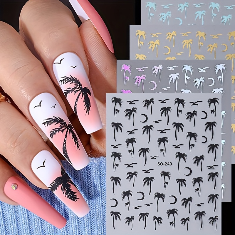4 Nail Stickers Featuring A Beach Coconut In Black, Golden, Blue, And Holographic Silvery