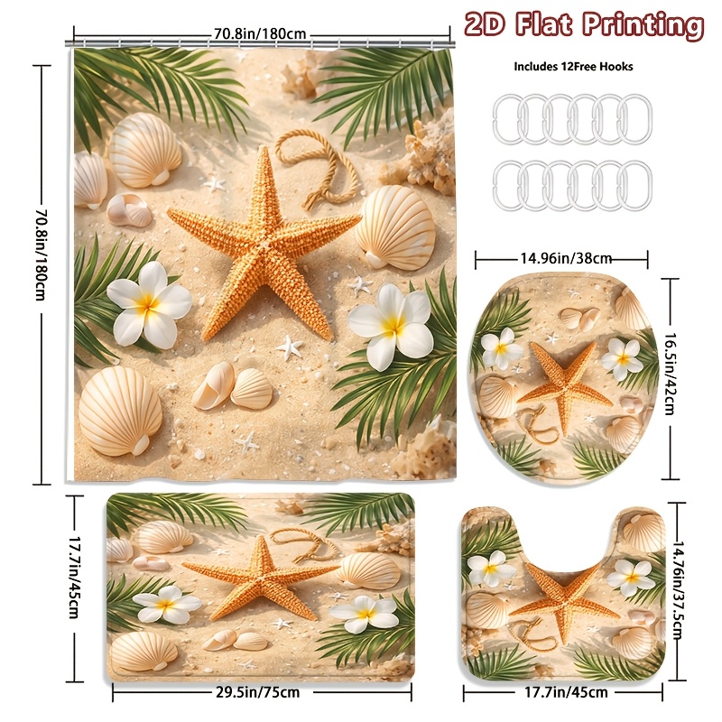 4pcs Summer Beach Shower Curtain Set with Bath Mat