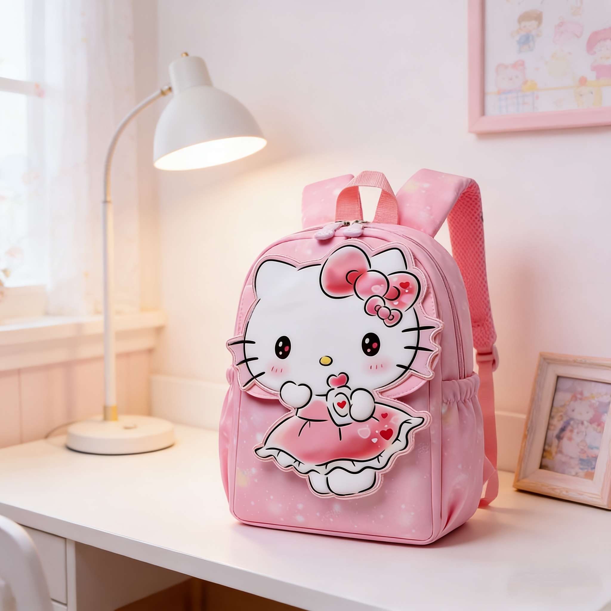 Image of Cute Melody & Black Cat Backpack With Adjustable Straps, Soft Bookbag, Nylon/ Zipper Closure Suitable For Anime Themed, Travel, Daily Use, Creamy /camelid Colors
