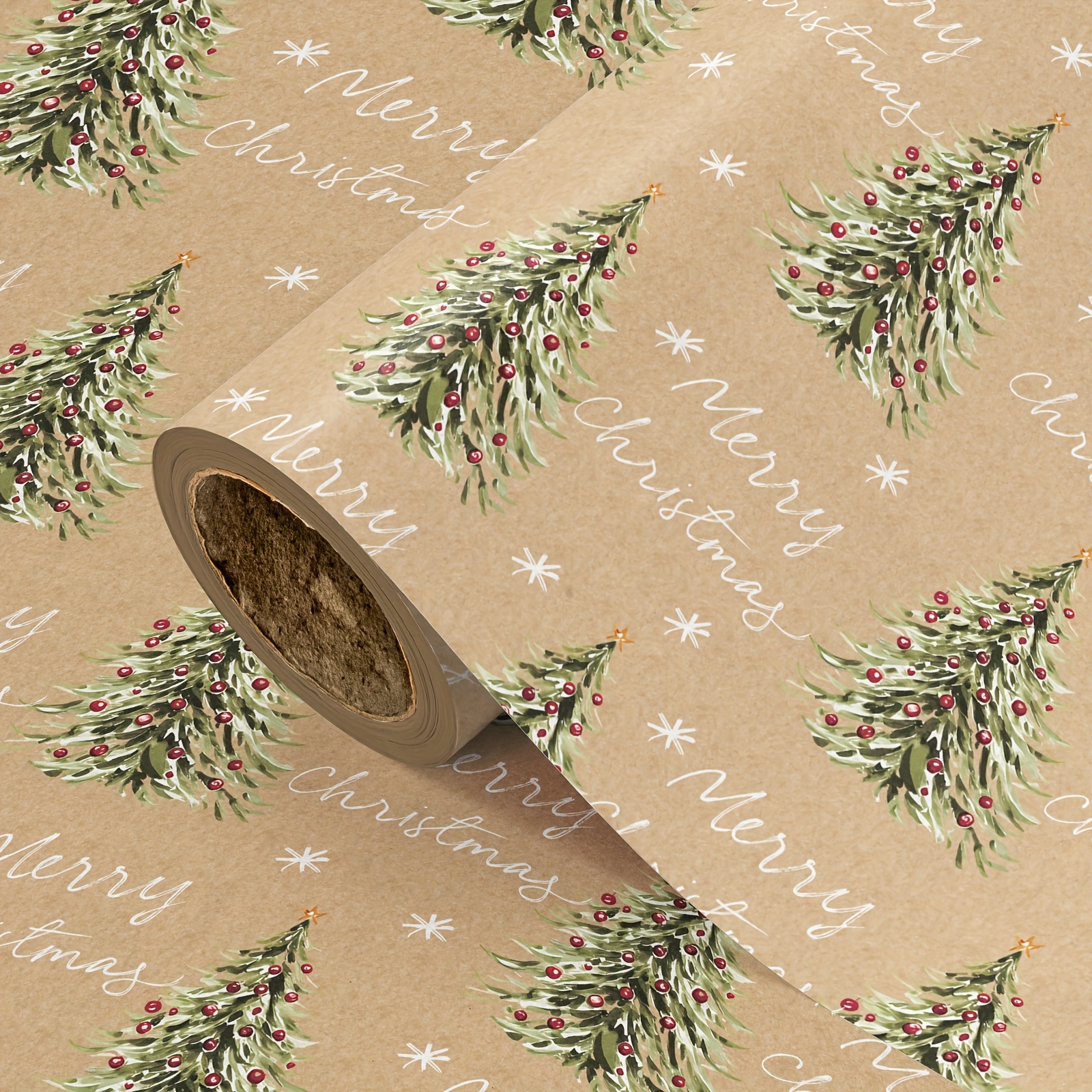 Christmas Wrapping Paper Roll - Brown Background with Green Christmas Trees & Red Berries, 43.18cm x 16.4 -   Holiday Gifts, Party Decorations, and Festive Packaging, Christmas Decorations, Best for Christmas