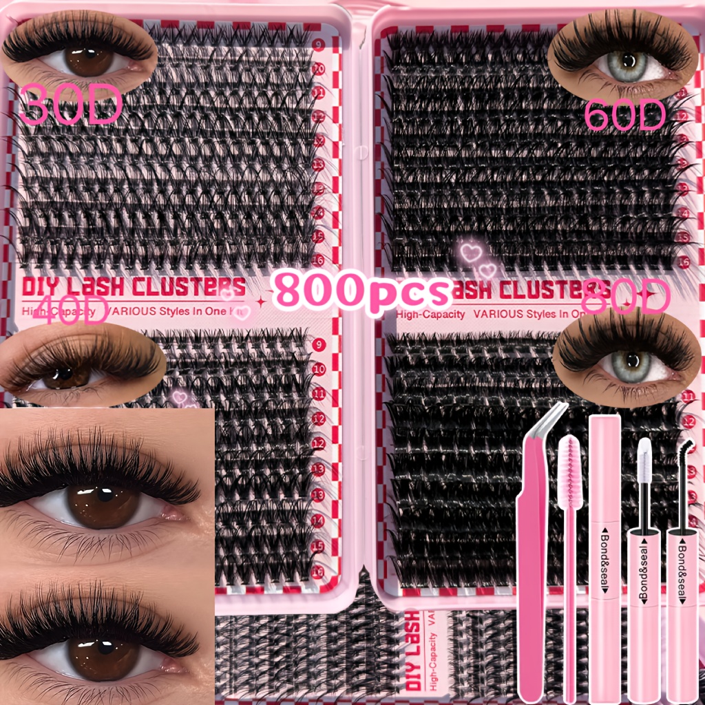 Image of 200/800 Pieces Eyelash Kit With 2-in-1 Bonding, Tweezers, Mascara Brush, 30d40d 60d80d 9-16mm Beginners, Reuse At Home, Easter Rainbow Festival Christmas (50d Eyelash Set Tweezers )