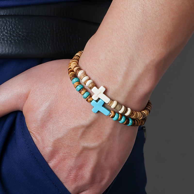 Cross Element Coconut Shell Wooden Beads Bracelet Set