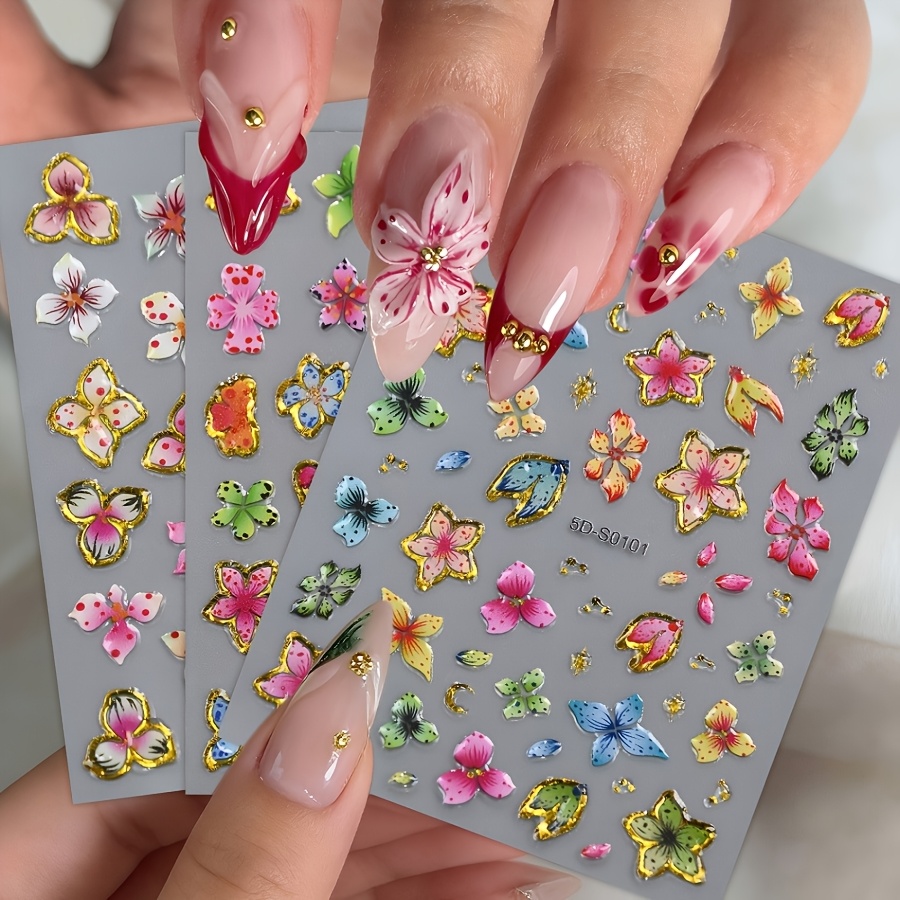 3pcs Soft Jelly 5d Embossed Hibiscus Floral Art Stickers- Fantasy Flower Self-adhesive Plastic Decals For Diy Manicure & Nail Salons, Glittery Spring Summer Nail Decor For Women &,nail Stickers