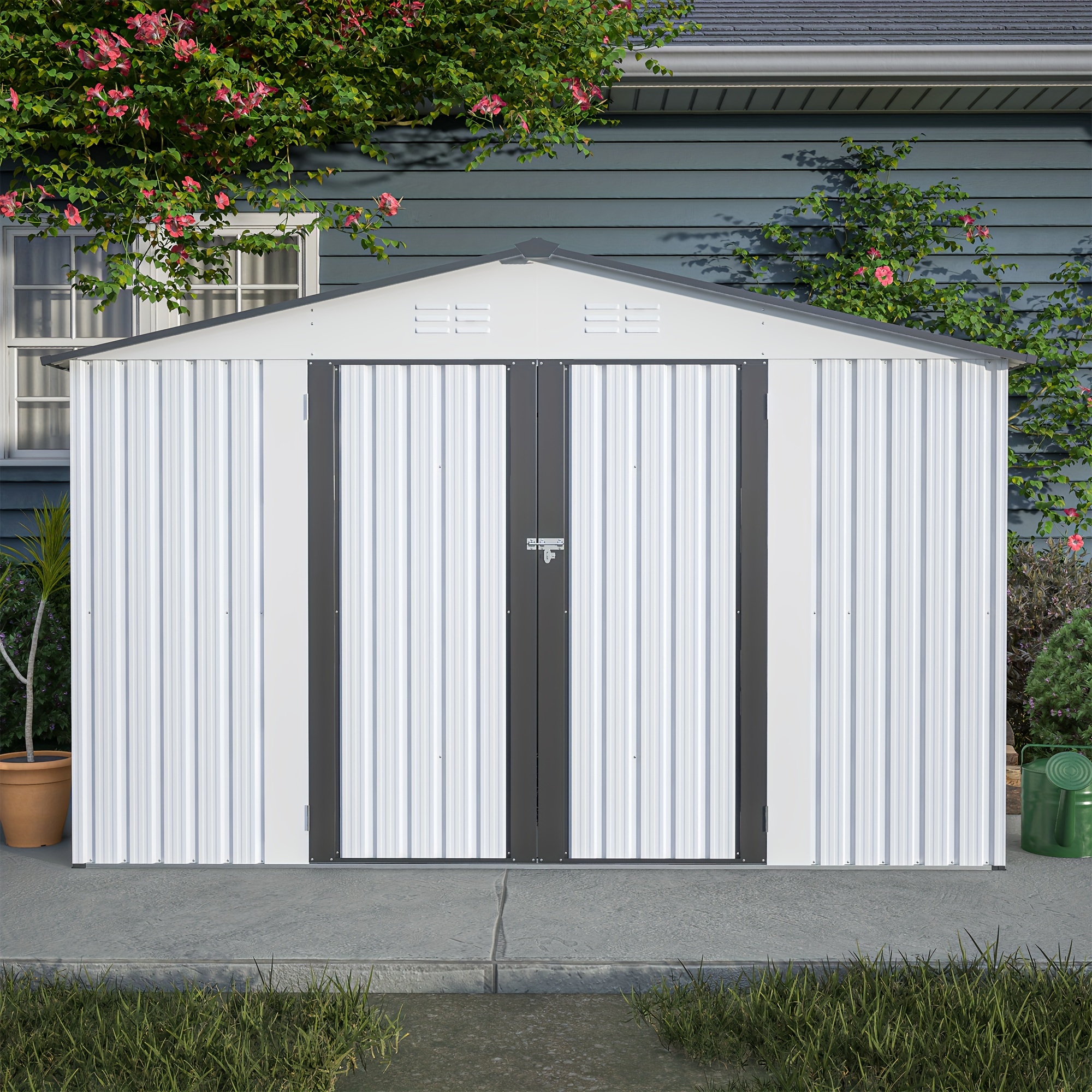 TEMU 10x8 Ft Outdoor Storage Shed, All Weather Metal Sheds With Lockable Doors, Tool Shed For Garden, Patio, Backyard, Lawn, Grey 17592525105701