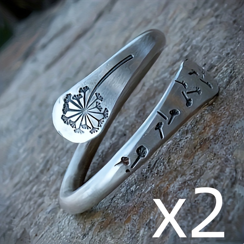 TEMU 2 Ladies Wearing Vintage Bohemian Style Dandelion Carved Adjustable Open Rings For Parties And Daily Casual Wear, Featuring Ethnic