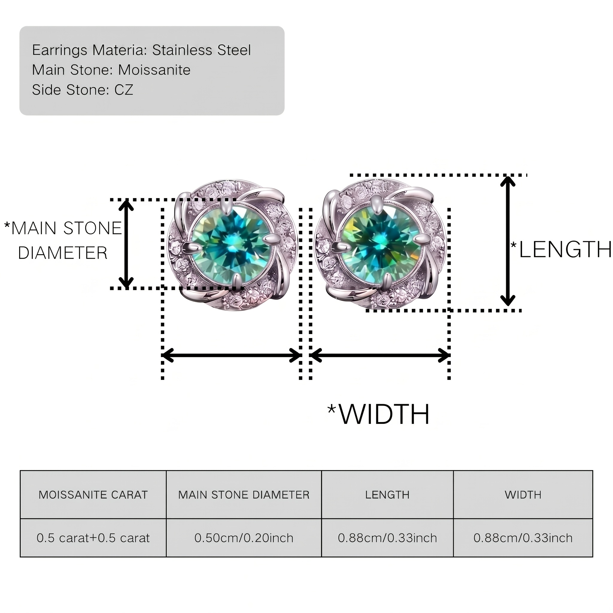 Stainless Steel Synthetic Moissanite Earrings, 0.5 Carat