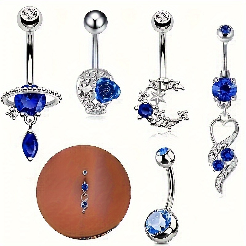 

5-piece Set Stainless Steel Belly Button Rings With Synthetic Blue Zirconia Celestial Charm Dangles, Non-plated June Birthstone Piercing Jewelry For Daily And Gift Giving Occasions