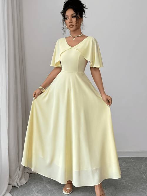 elegante, casual vakantiejurk voor dames in franse met , voor afternoon tea, strand, romantisch, high-end, v-hals, geplooide manchet, taille, a-lijn, lichtgeel