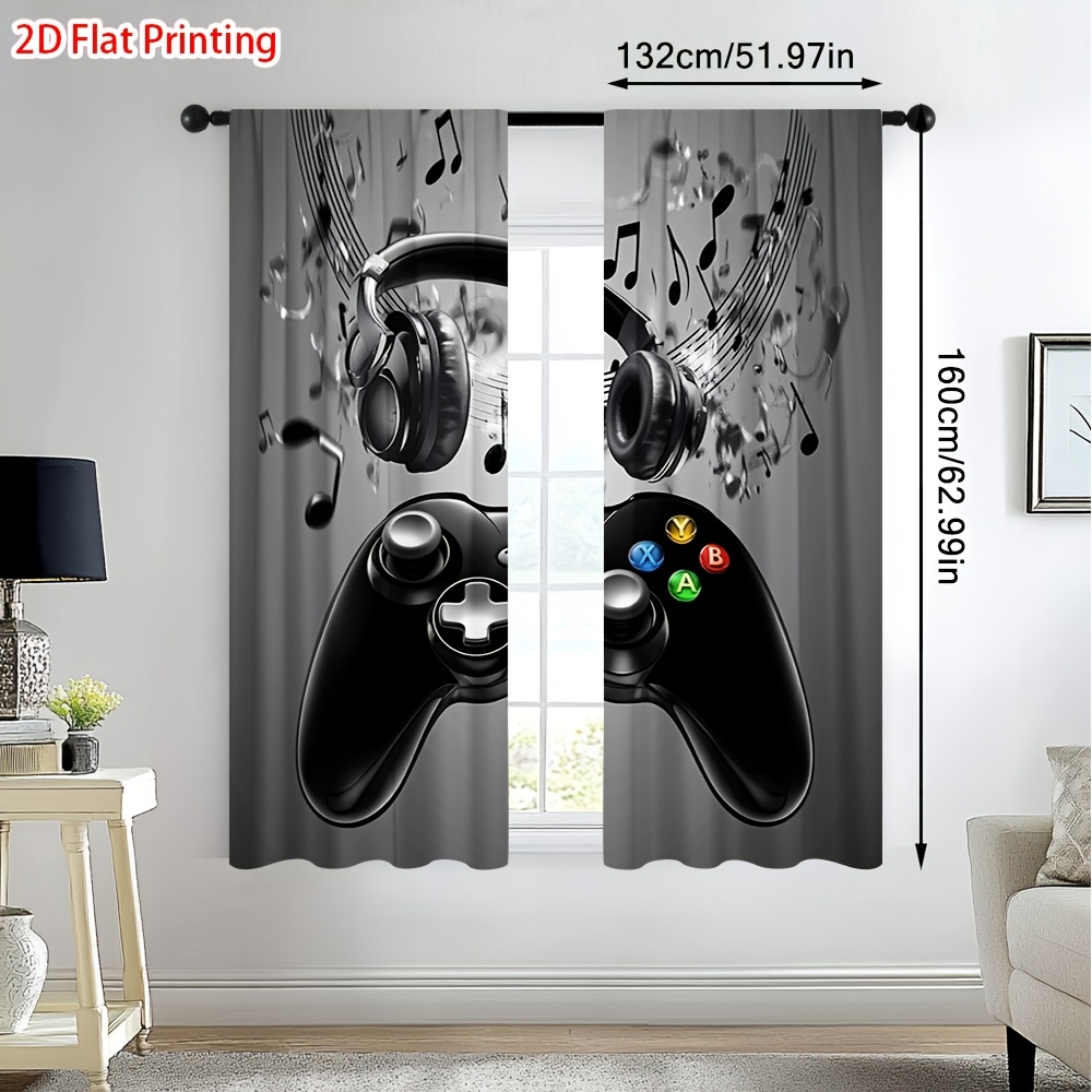 TEMU 2d Flat - 2d Flat - Set Of 2 Flat Printed Gaming Controller And Headset Music Curtains With Rod - Ideal For Decorating Rooms, Suitable For