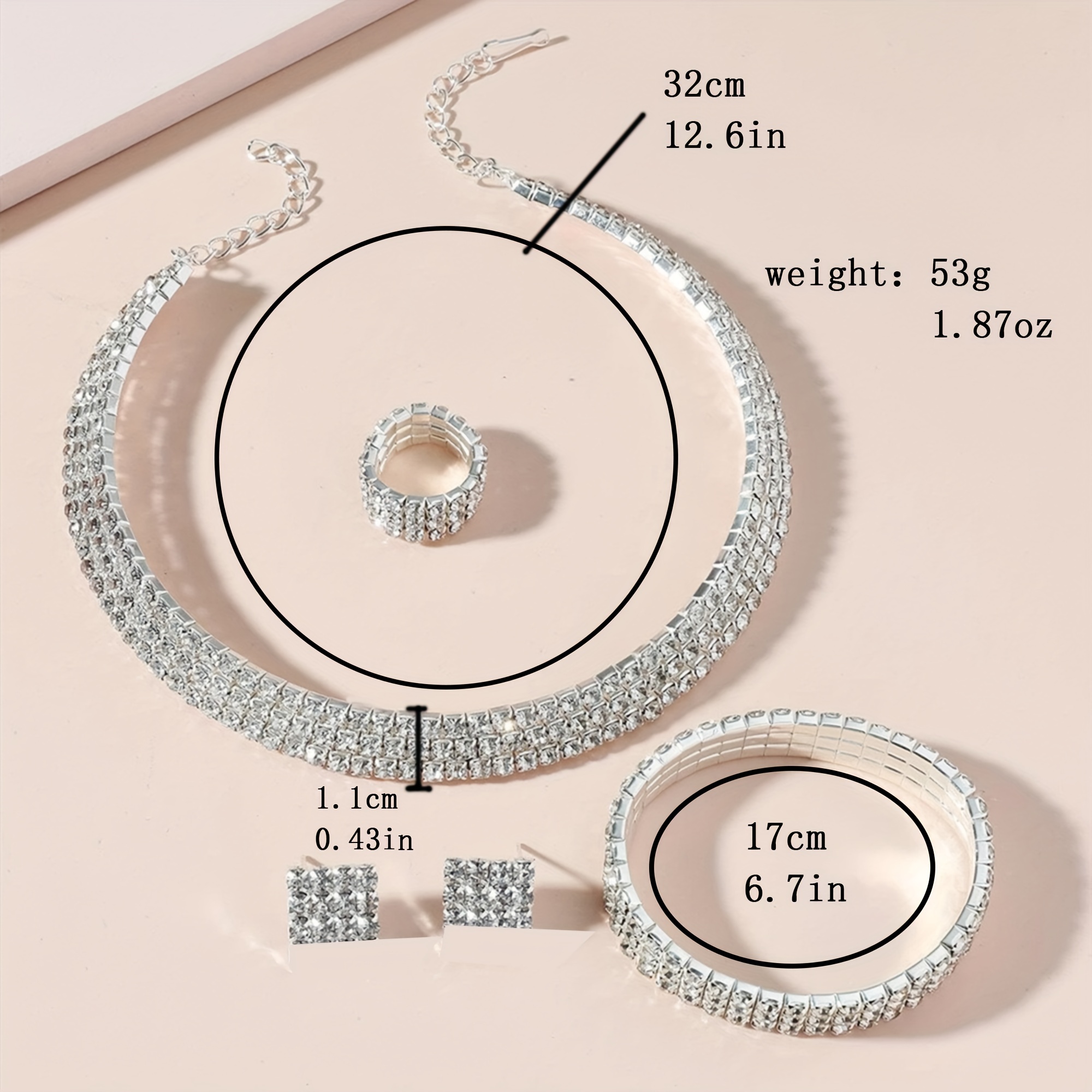 TEMU Elegant 5-piece Jewelry Set For Women - Rhinestone Studded Triple-row Necklace, Earrings, Ring, And Bracelet, Pattern, Fashionable Gifts For Eid