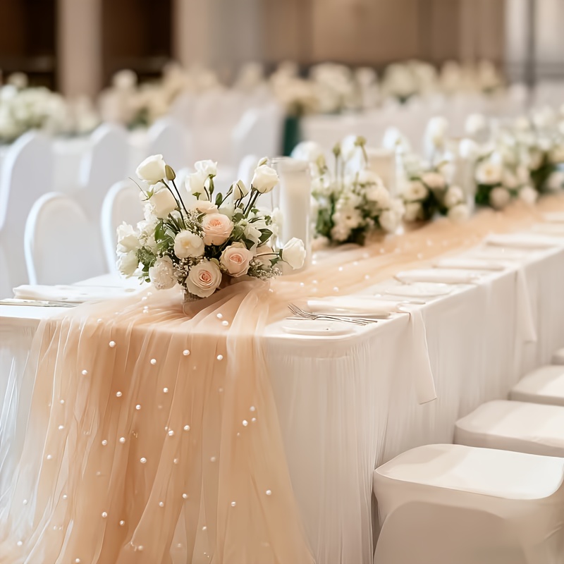TEMU 1pc Champagne-colored Pearl Tulle Drapes - Wide 80.77cm Wide Sheer Panel, Hand-sheared Luxury Fabric Suitable For Wedding Arch Drapery, Table