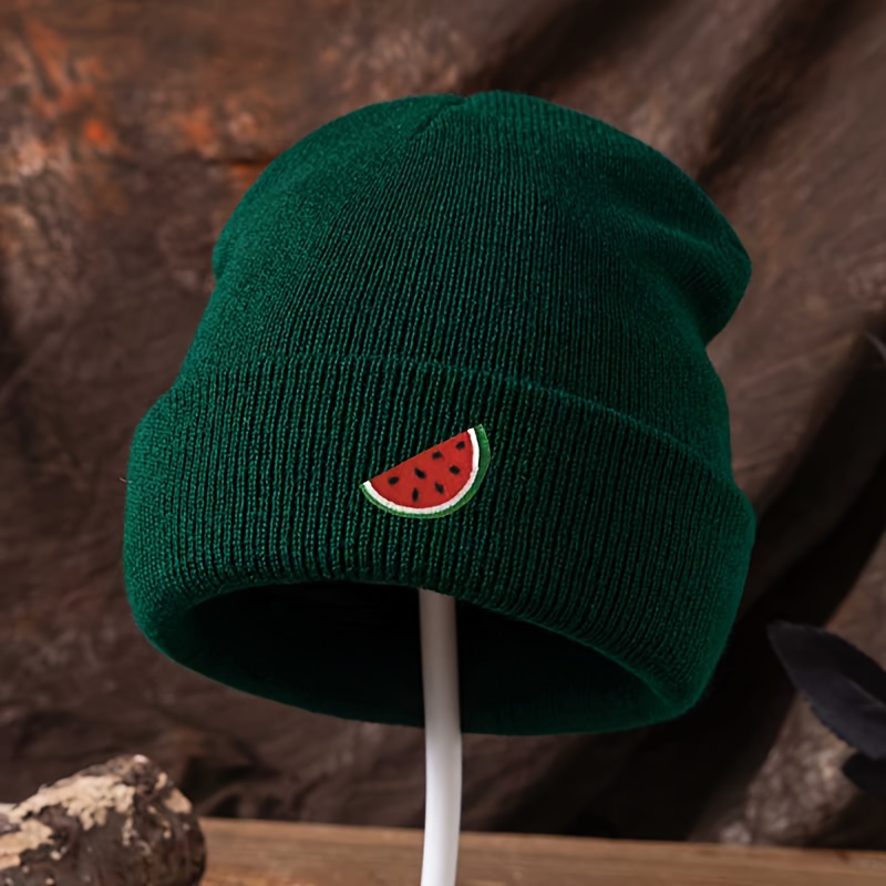 TEMU Un chapeau tricoté amusant avec broderie de pastèque, unisexe, bonnet d'extérieur, doux et confortable, bonnet bordure, tendance et polyvalent
