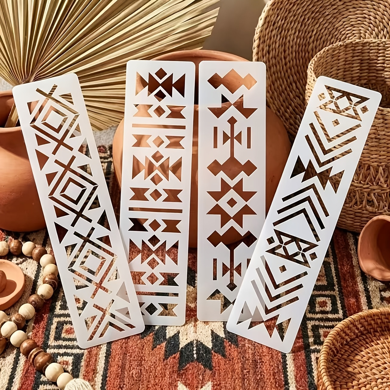 TEMU 4pcs Pack Reusable Bohemian Tribal Stencils Suitable For Diy Painting, Geometric Templates With Tribal Border Patterns For Fabric Crafts, Wall