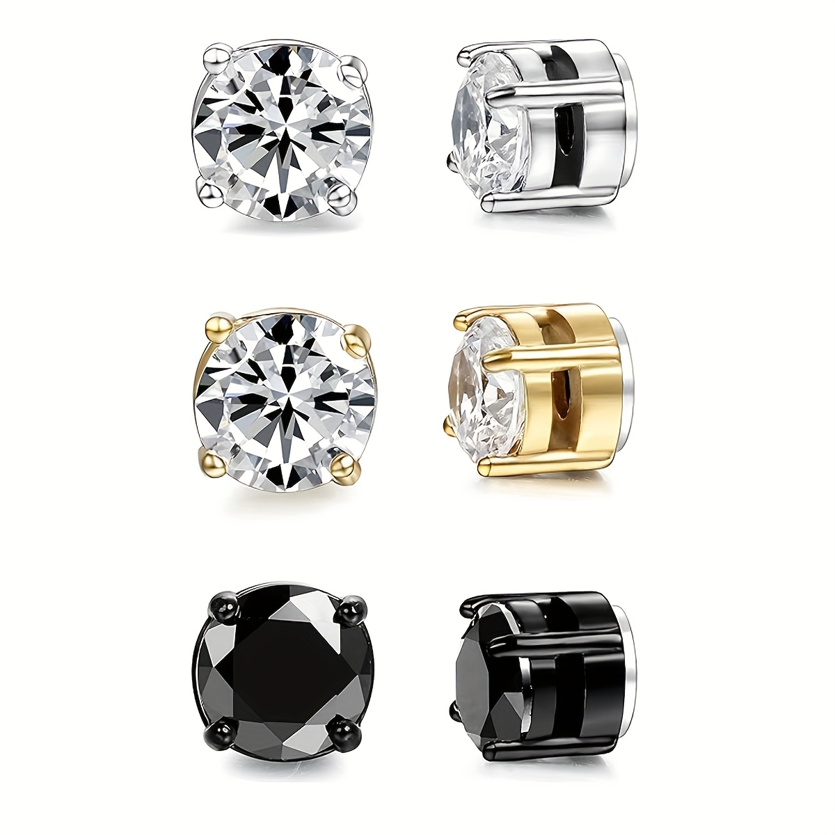 Image of 3-pair Set Stainless Steel No-piercing Clip-on Earrings For Men And Women, Hip Hop Cubic Synthetic Cubic Zirconiaia Ear Clips And Studs, Christmas New Year Holiday Gift