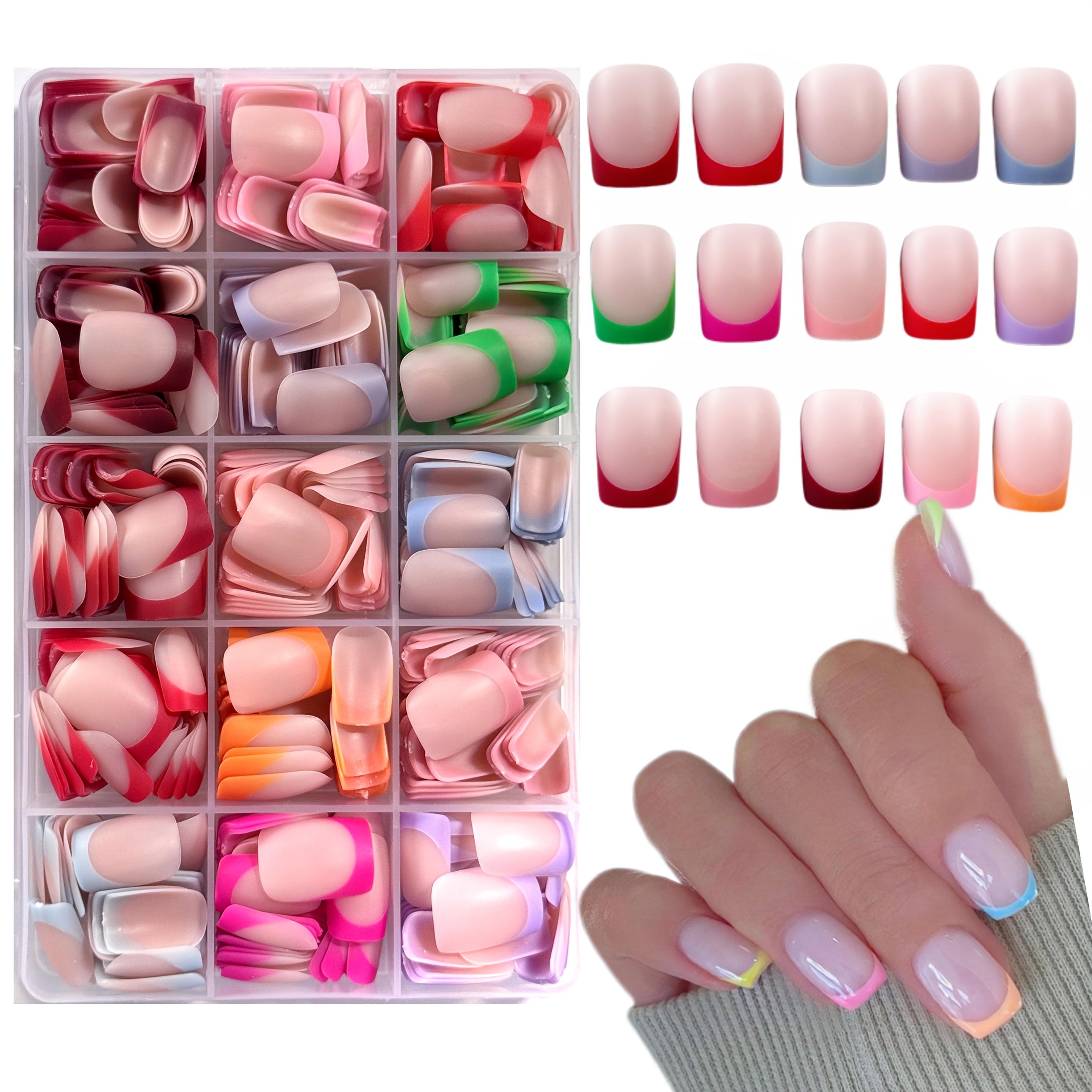 TEMU A Set Of 450pcs Of Classic French Short Square Press-on Nails In 15 Colors - 15 Styles Of Mixed Colors With Full Coverage For Nail Art, Easy, Matte End, Short Square Tips, A Perfect Gift