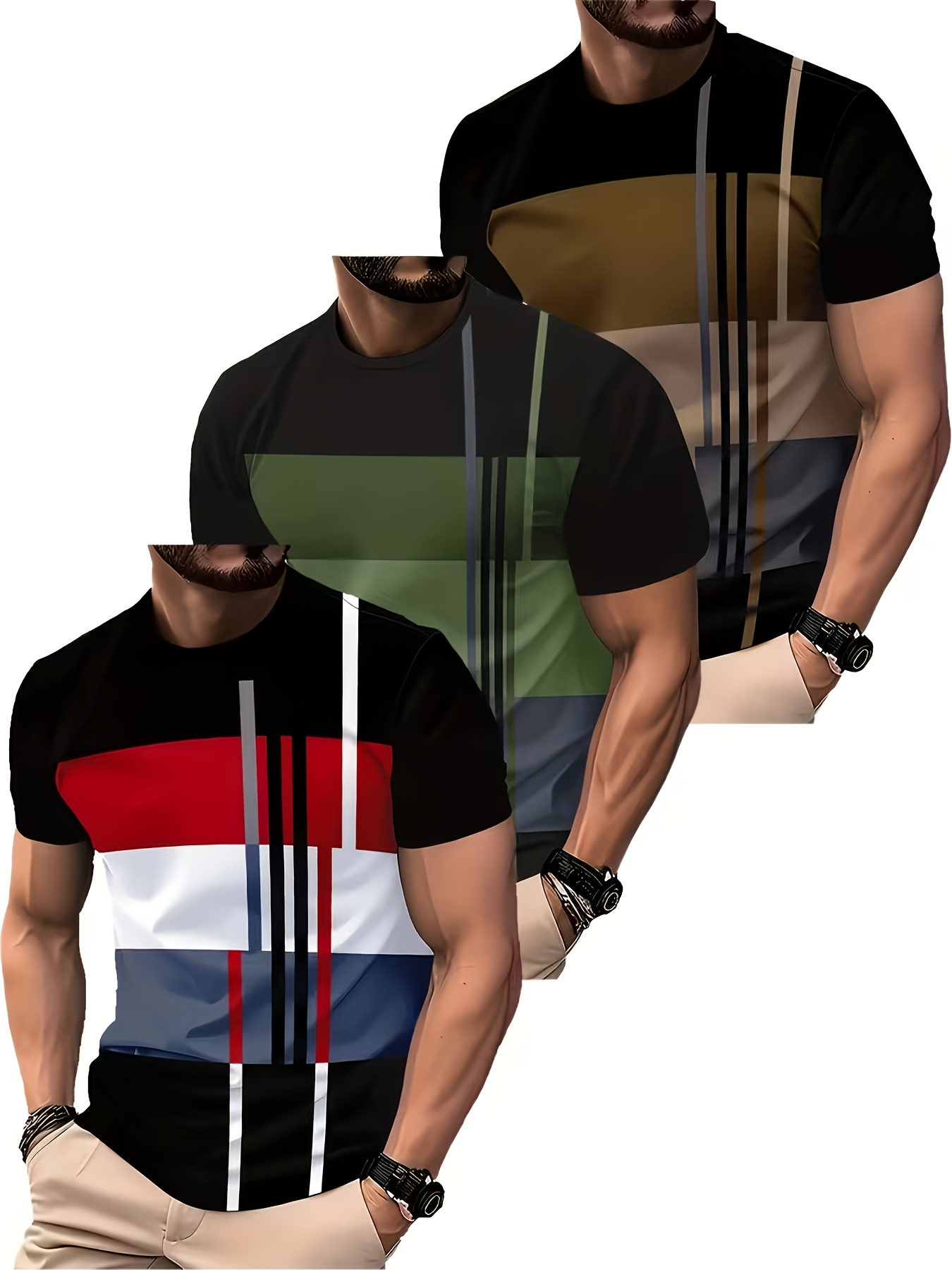 3pcs mens moisture wicking breathable short sleeve t shirts color block round neck athletic tees suitable for gym training casual wear outdoor lightweight moisture for machine washable