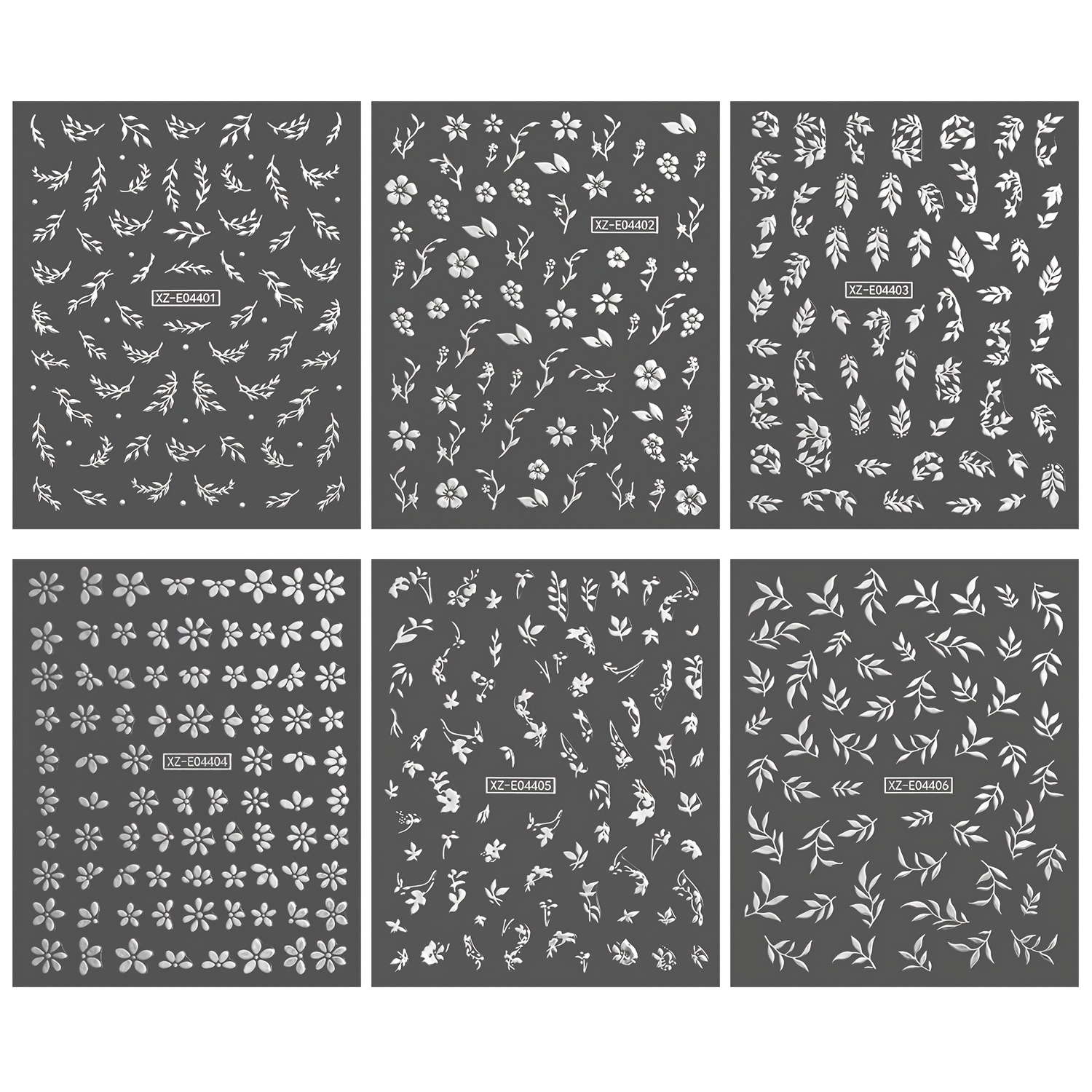 6 Sheets Silvery 3D Embossed Nail Stickers with Floral Designs